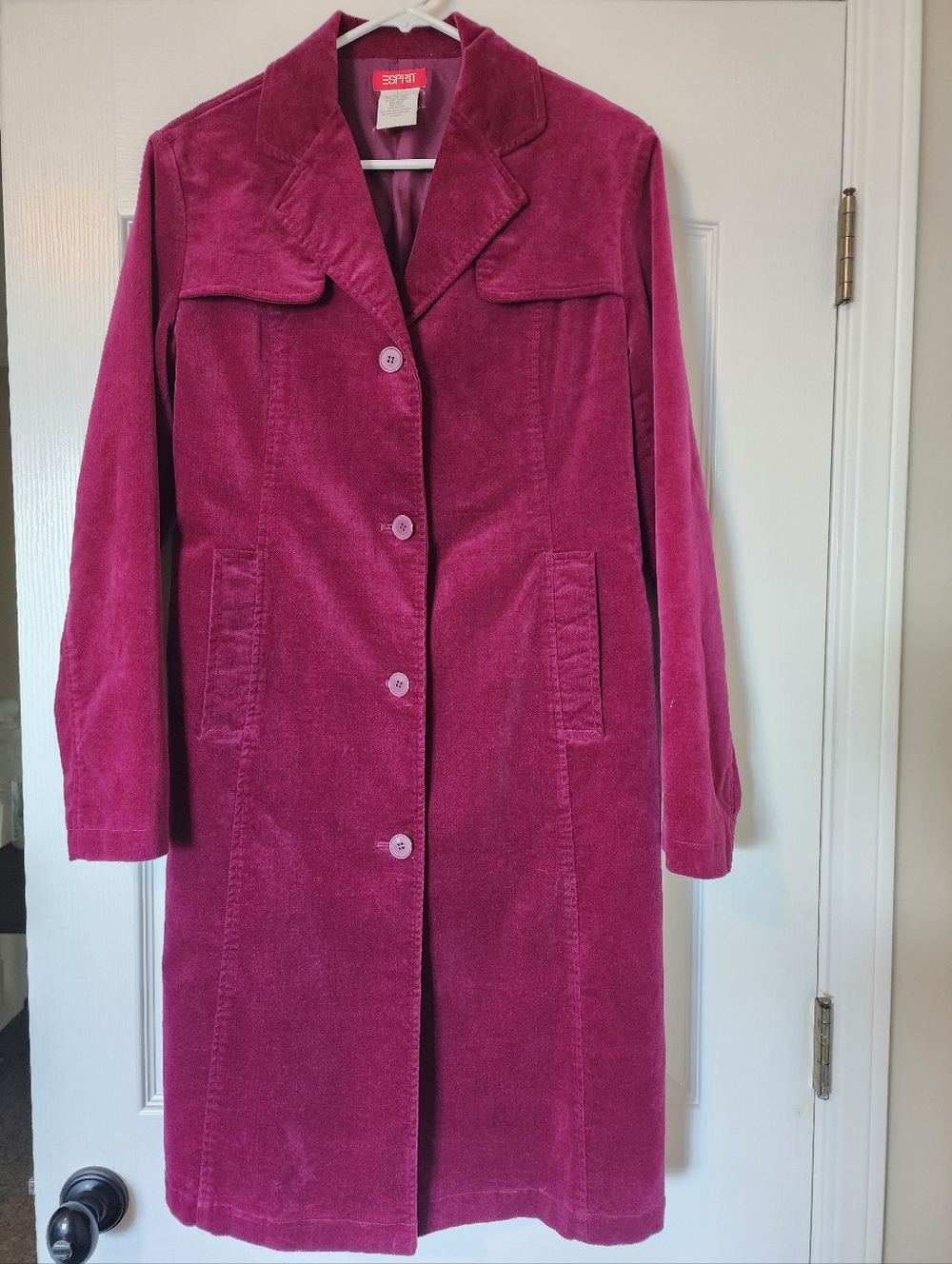 ⚡️ESPRIT VTG RARE 80'sMagenta Pink Velvet Long Trench Coat Y2K INDIE SLEAZE L💘 - Picture 3 of 10